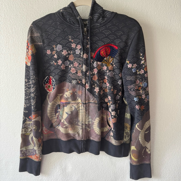 Y2K Vintage LUCKY BRAND SWEATSHIRT/ HOODIE*ASIAN*RAISED EMBROIDERY*GEISHA*